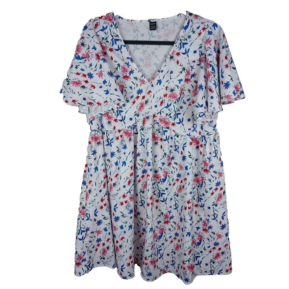 Shein White Floral Short Flutter Sleeve Summer Dress Women's Size Large NWOT